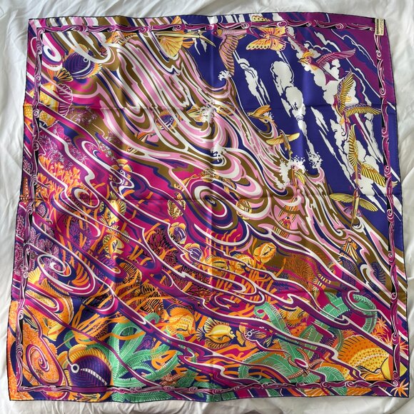 [RARE] Hermès 2014 De la Mer au Ciel Silk Scarf 90cm in Violet, Orange, Vert - Picture 4 of 10